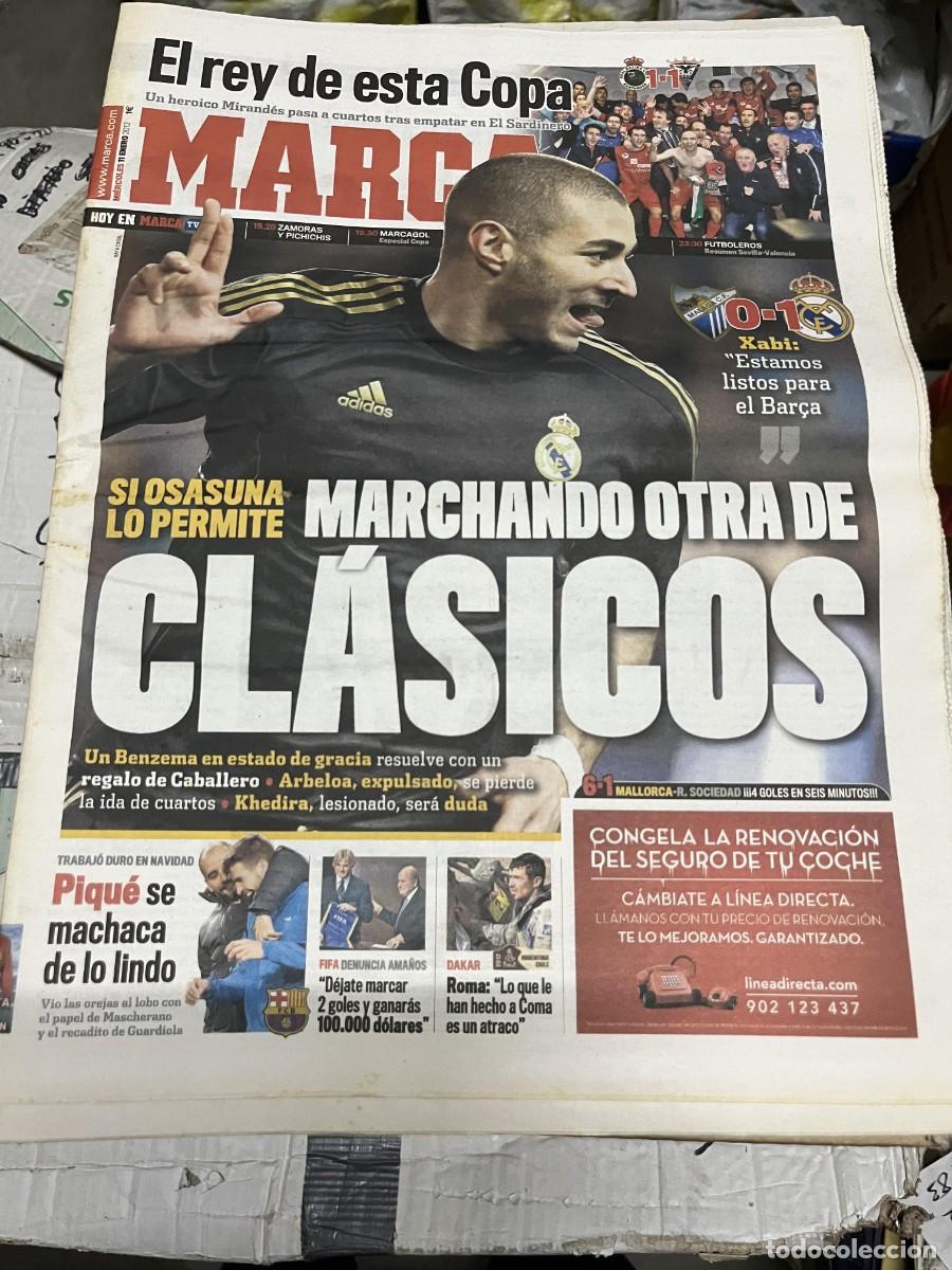 Coleccionismo deportivo: MARCA (11-1-2012) BENZEMA MALAGA 0-1 REAL MADRID RACING SANTANDER 1-1 MIRANDES COPA PIQUE