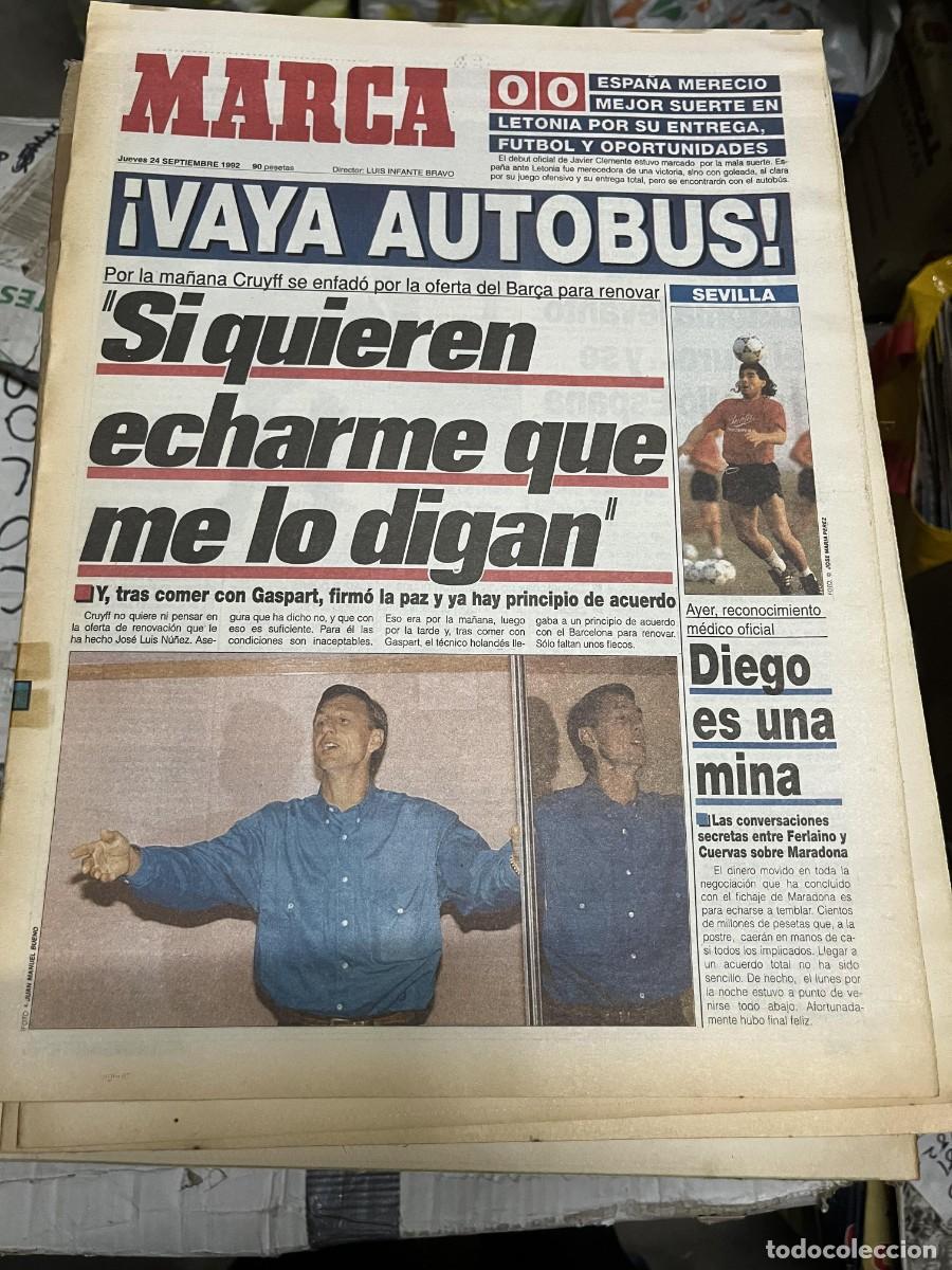 Coleccionismo deportivo: MARCA (24-9-1992) LETONIA 0-0 ESPA&Ntilde;A SELECCION ESPA&Ntilde;OLA DIEGO ARMANDO MARADONA SEVILLA CRUYFF