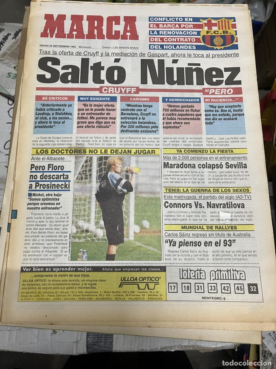 Coleccionismo deportivo: MARCA (25-9-1992) BARCELONA JOSE LUIS NU&Ntilde;EZ PROSINECKI MARADONA SEVILLA CRUYFF