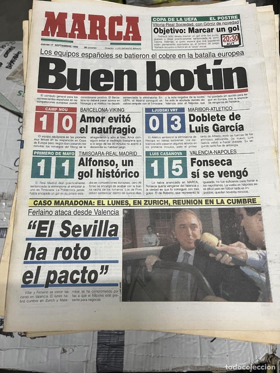 Collectionnisme sportif: MARCA(17-9-1992)BARCELONA 1-0 VIKING MARIBOR 0-3 ATLETICO VALENCIA 1-5 NAPOLI TIMISOARA 1-1 R.MADRID