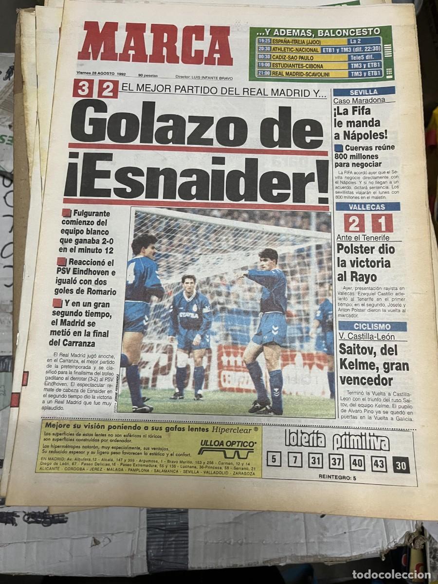 Coleccionismo deportivo: MARCA (28-8-1992) GOLAZO ESNAIDER REAL MADRID 3-2 PSV EINDHOVEN RAYO 2-1 TENERIFE