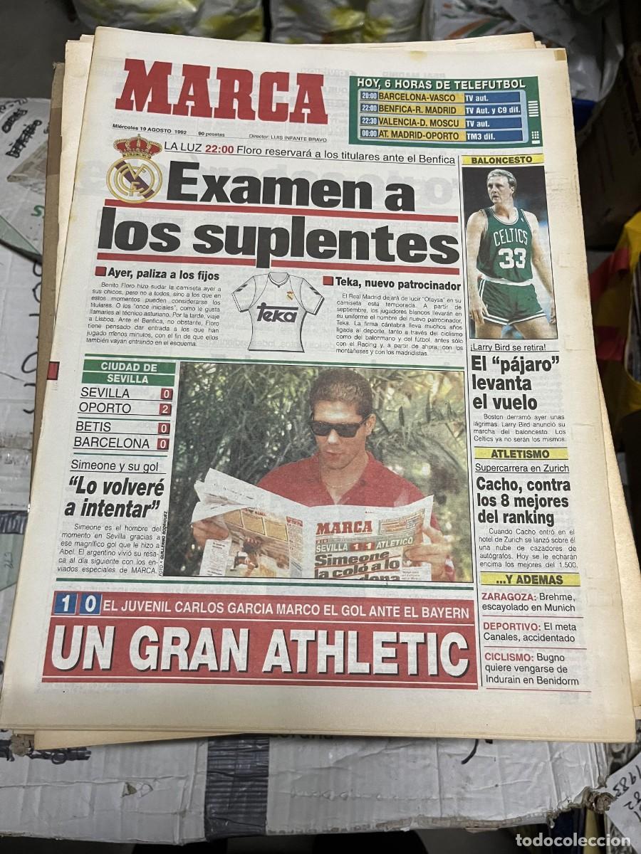 Coleccionismo deportivo: MARCA (19-8-1992) SIMEONE HOY BENFICA REAL MADRID LARRY BIRD ATHLETIC 1-0 BAYERN MUNCHEN