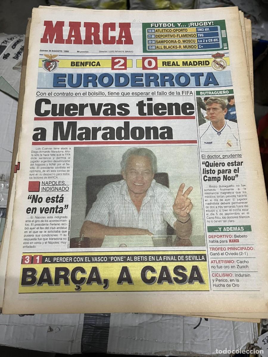 Coleccionismo deportivo: MARCA (20-8-1992) BENFICA 2-0 REAL MADRID LUIS CUERVAS SEVILLA BUTRAGUE&Ntilde;O VASCO GAMA 3-1 BARCELONA