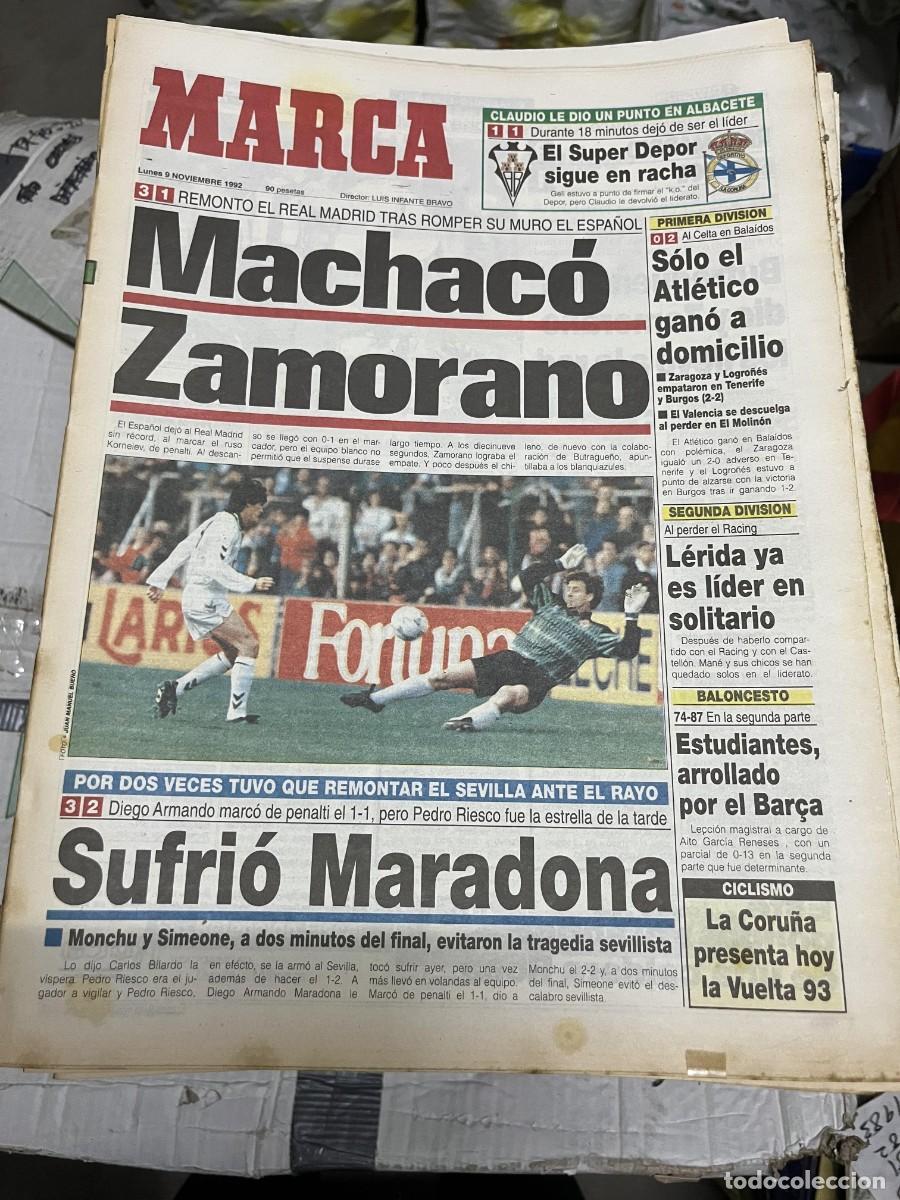 Coleccionismo deportivo: MARCA (9-11-1992) REAL MADRID 3-1 ESPA&Ntilde;OL ESPANYOL ZAMORANO SEVILLA 3-2 RAYO MARADONA