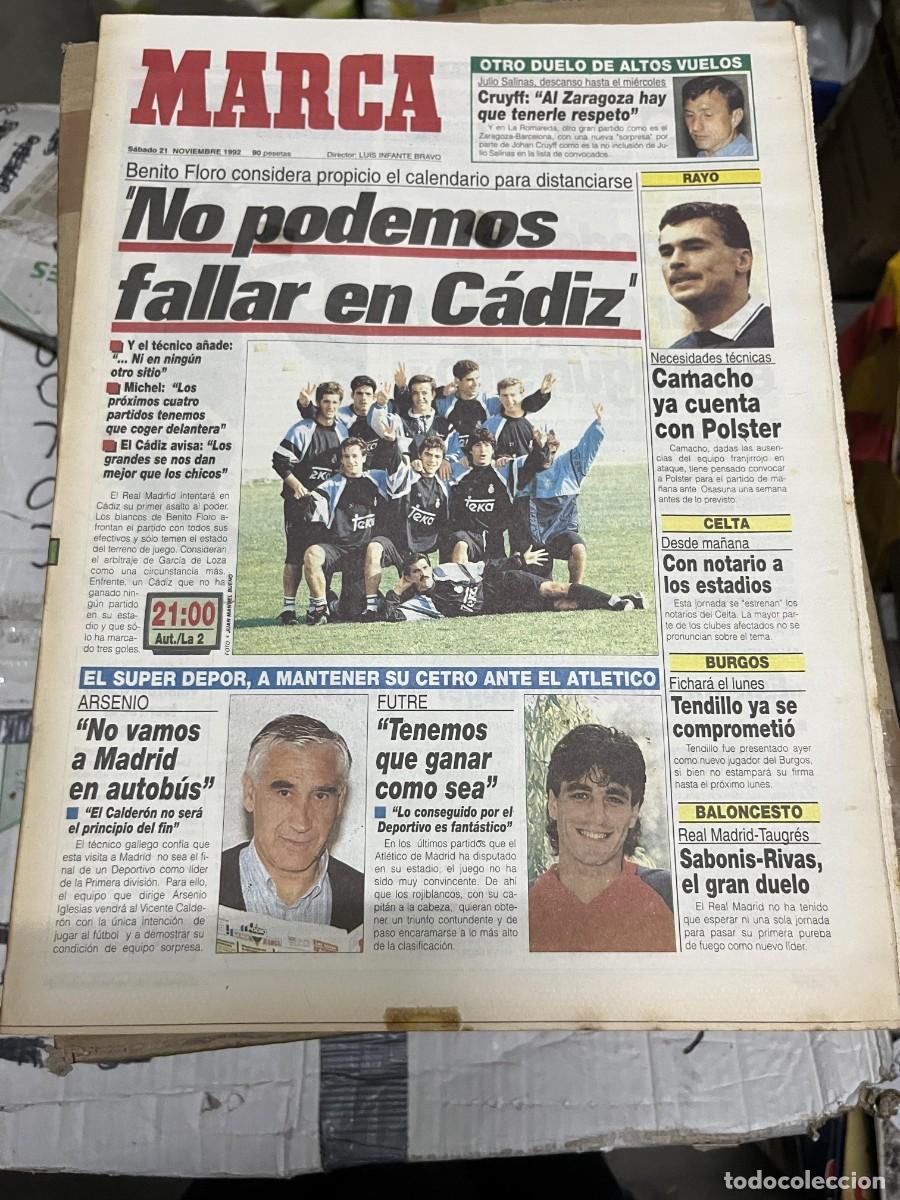 Coleccionismo deportivo: MARCA (21-11-1992) JORNADA LIGA BENITO FLORO CRUYFF ZARAGOZA BARCELONA REAL MADRID CADIZ