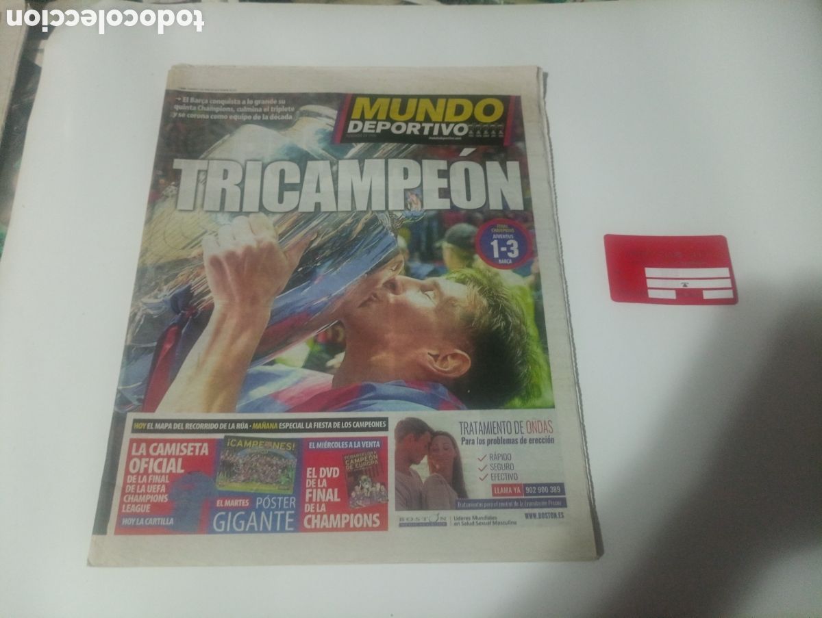 Coleccionismo deportivo: Peri&oacute;dico mundo deportivo tricampe&oacute;n 2015
