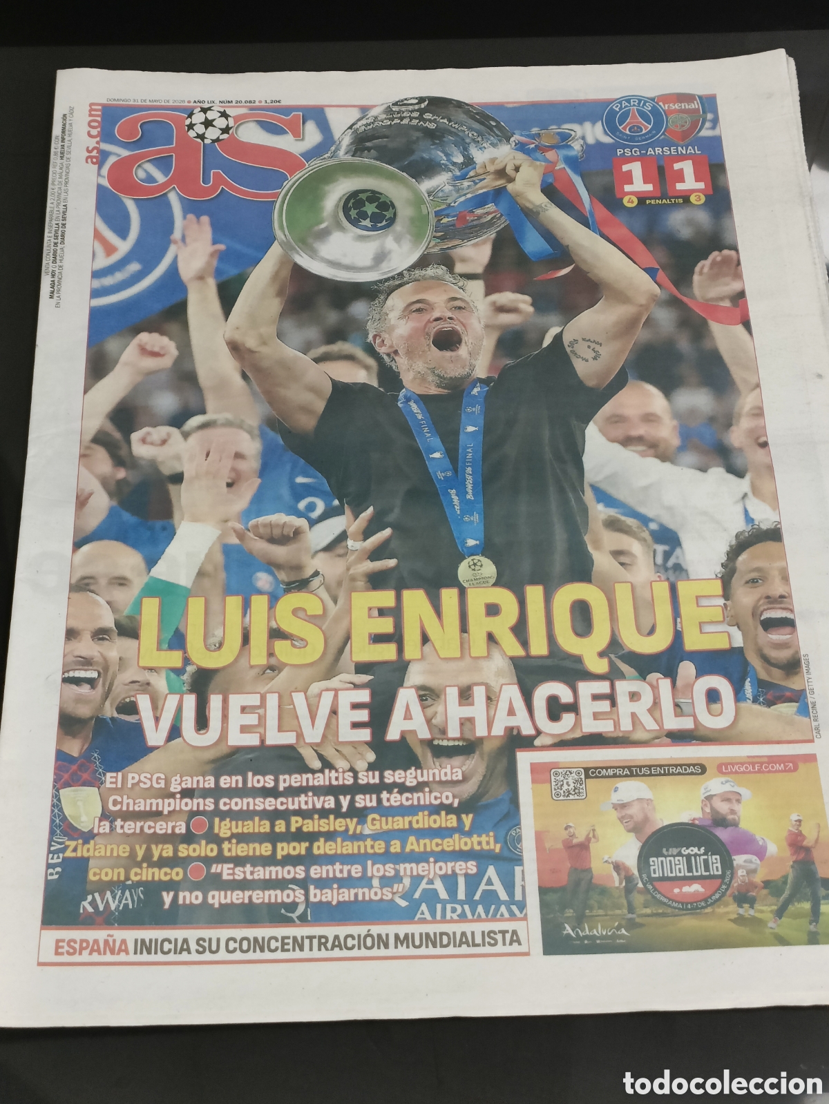 Coleccionismo deportivo: Segunda Champions League PSG Paris Saint Germain 31 Mayo Peri&oacute;dico hist&oacute;rico AS