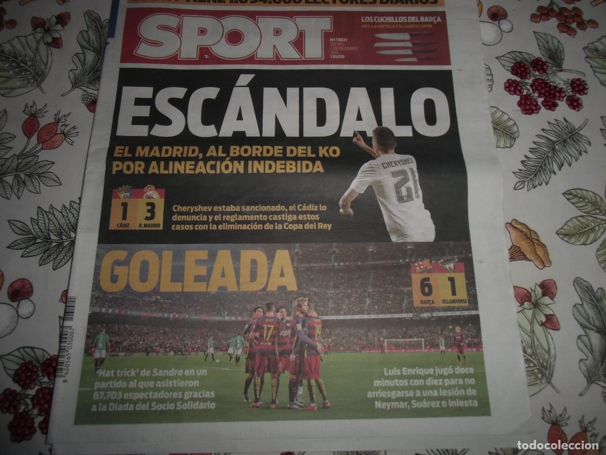 Coleccionismo deportivo: Peri&oacute;dico SPORT n&ordm; 13.021, 3-12-2015. F&uacute;tbol Club Barcelona 6 - Villanovense 1