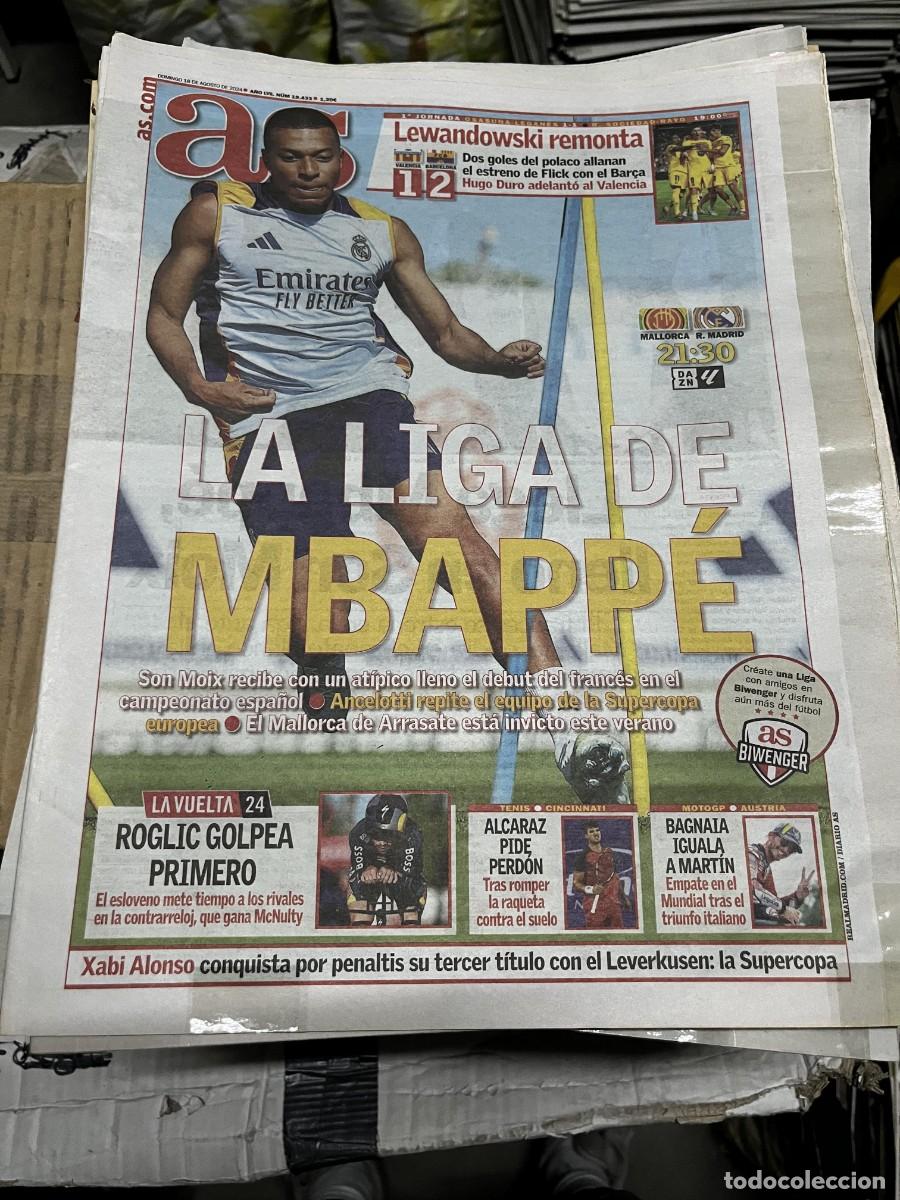 Coleccionismo deportivo: AS (18-8-2024) MBAPPE VALENCIA 1-2 BARCELONA LEWANDOWSKI HOY MALLORCA REAL MADRID