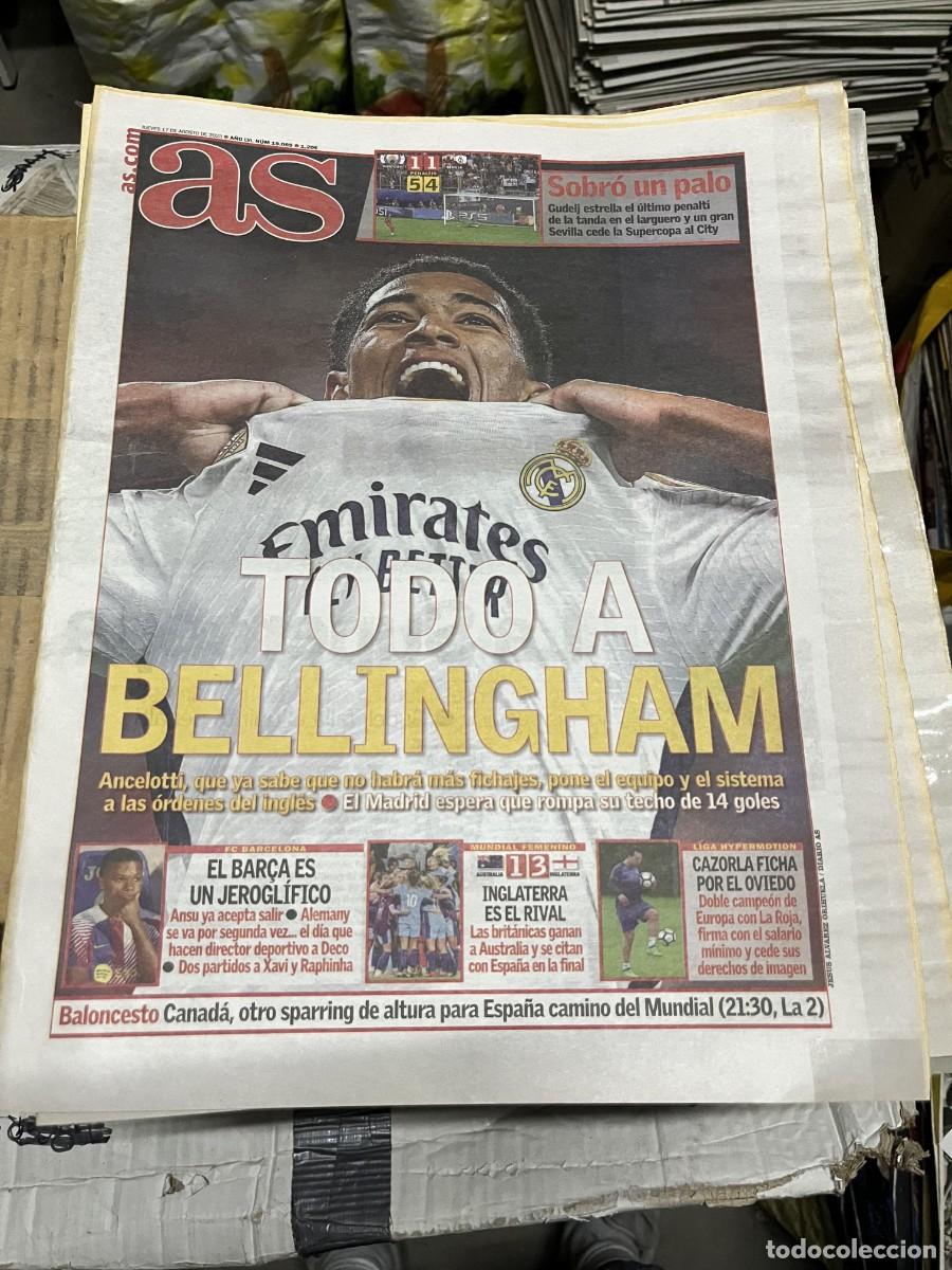 Coleccionismo deportivo: AS (17-8-2023) MANCHESTER CITY 1-1 SEVILLA BELLINGHAM REAL MADRID CAZORLA AUSTRALIA 1-3 INGLATERRA