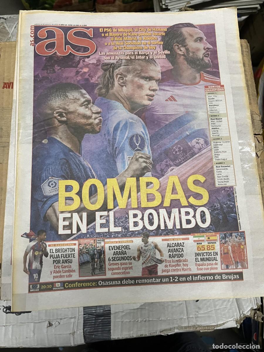Coleccionismo deportivo: AS (31-8-2023) PSG MBAPPE HAALAND KANE SORTEO CHAMPIONS ANSU FATI EVENEPOEL CARLOS ALCARAZ