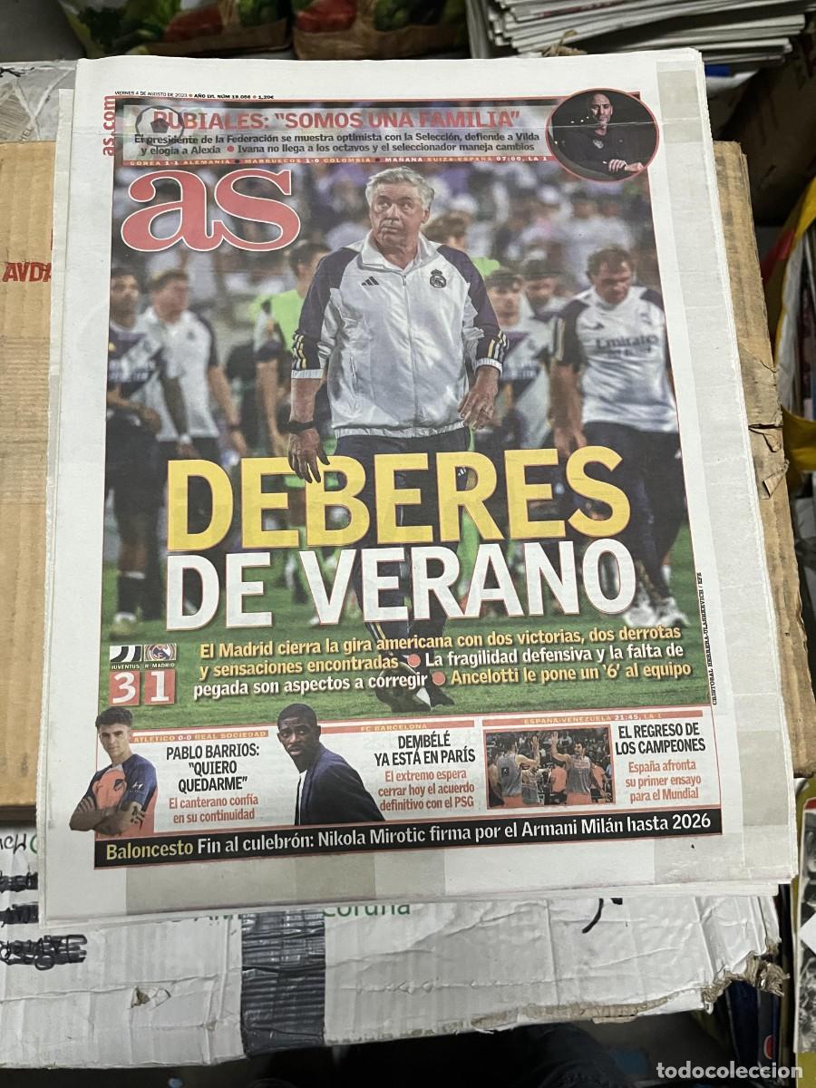 Coleccionismo deportivo: AS (4-8-2023) ANCELOTTI AMISTOSO JUVENTUS 3-1 REAL MADRID RUBIALES ESPA&Ntilde;A RFEF PABLO BARRIOS
