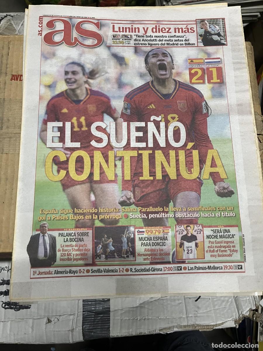 Coleccionismo deportivo: AS (12-8-2023) MUNDIAL FEMENINO ESPA&Ntilde;A 2-1 HOLANDA LUNIN ATHLETIC BILBAO REAL MADRID NBA