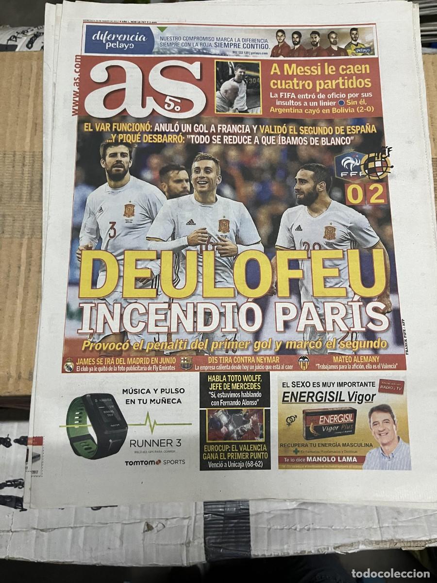Coleccionismo deportivo: AS (29-3-2017) FRANCIA 0-2 ESPA&Ntilde;A SELECCION ESPA&Ntilde;OLA DEULOFEU MESSI