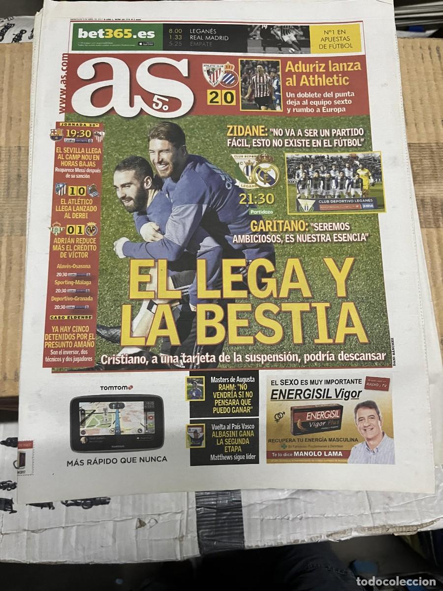Coleccionismo deportivo: AS (5-4-2017) LEGANES REAL MADRID ATHLETIC BILBAO 2-0 ESPANYOL ADURIZ BARCELONA SEVILLA JORNADA LIGA