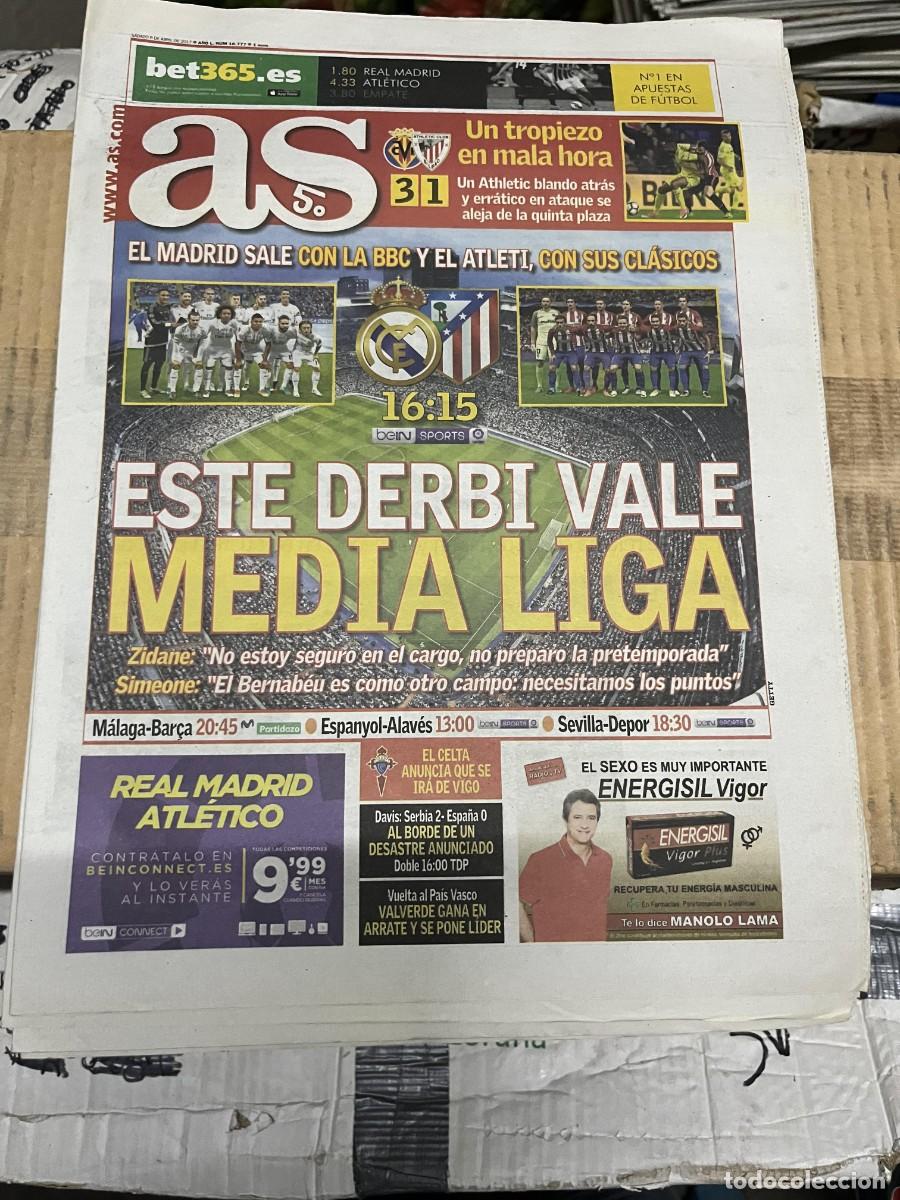 Coleccionismo deportivo: AS (8-4-2017) DERBI REAL MADRID ATLETICO MADRID JORNADA LIGA VILLARREAL 3-1 ATHLETIC BILBAO