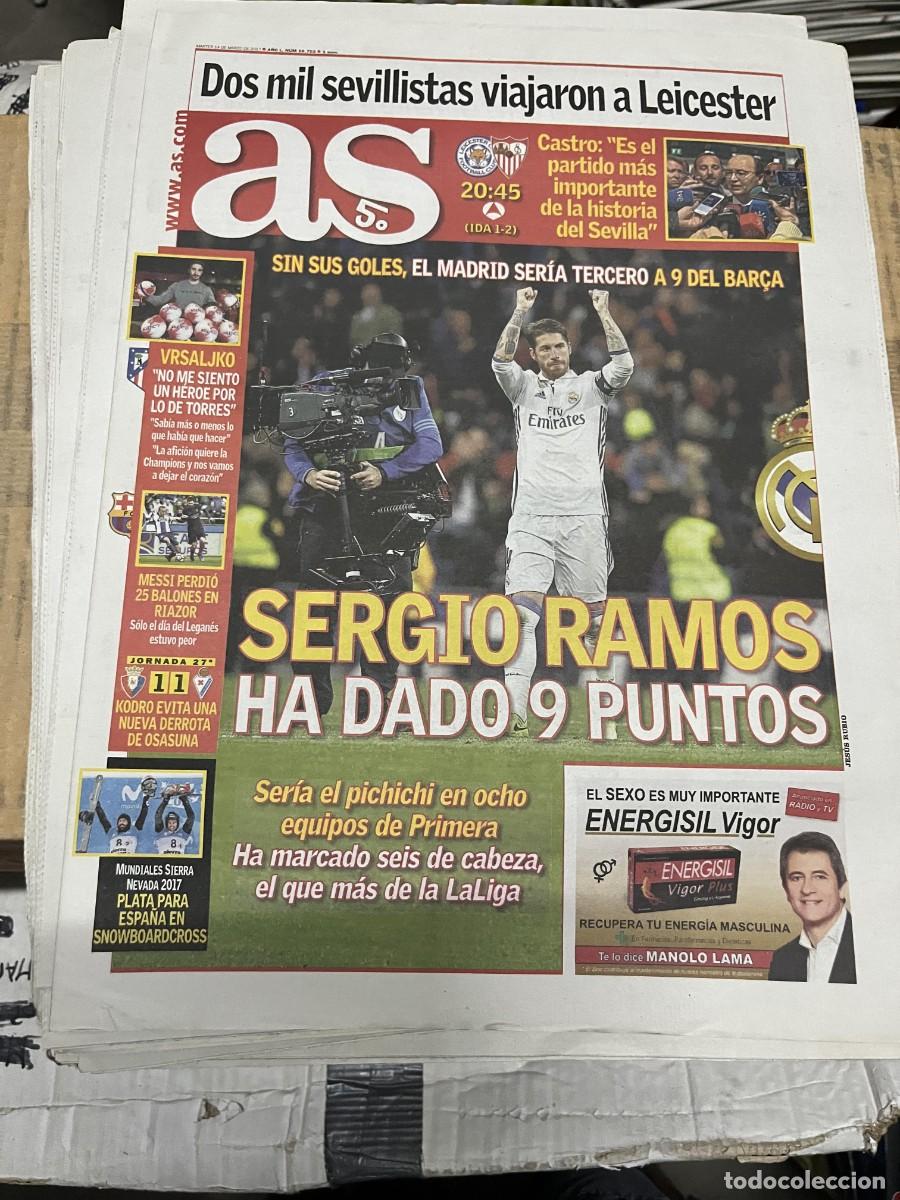 Coleccionismo deportivo: AS (14-3-2017) SERGIO RAMOS REAL MADRID LEICESTER SEVILLA CASTRO VRSALJKO OSASUNA 1-1 EIBAR