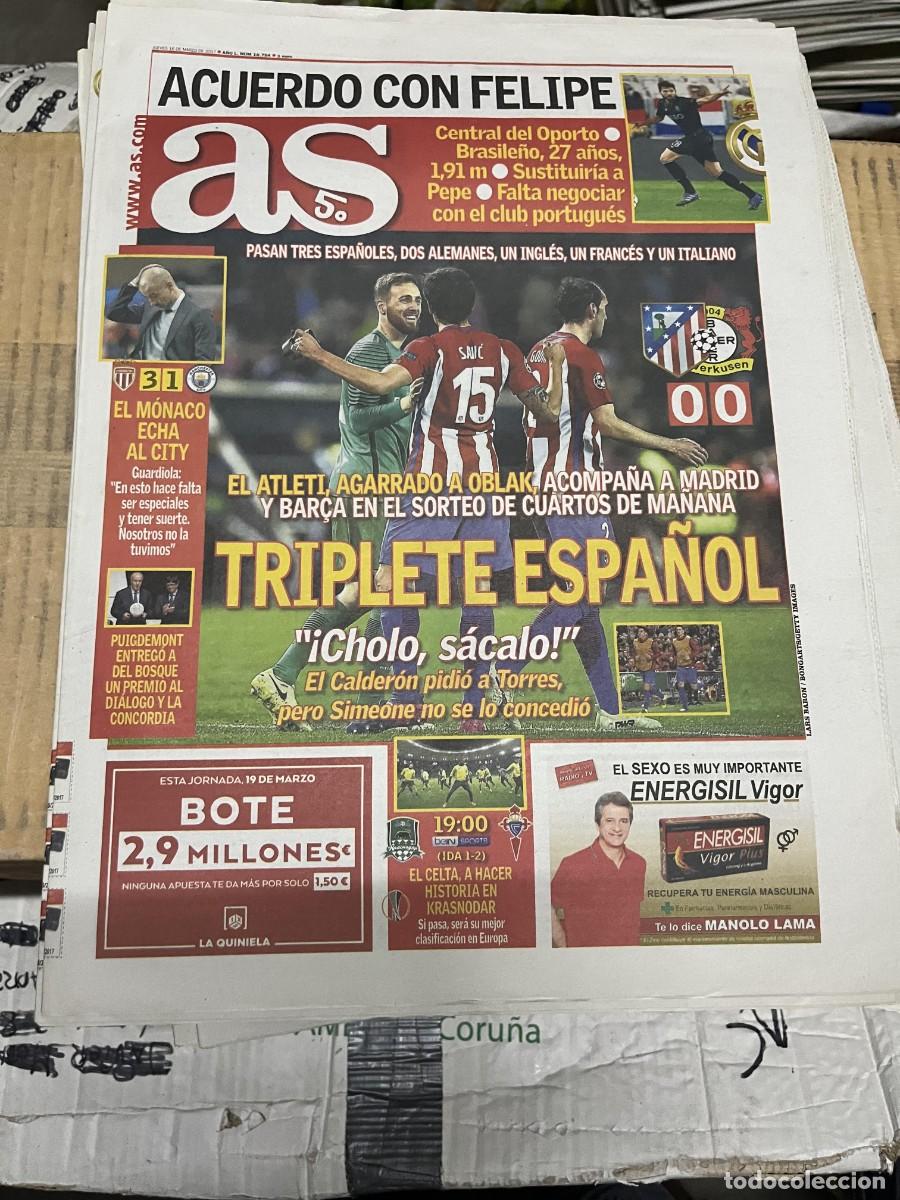 Coleccionismo deportivo: AS (16-3-2017) CHAMPIONS ATLETICO MADRID 0-0 BAYER LEVERKUSEN MONACO 3-1 LEICESTER