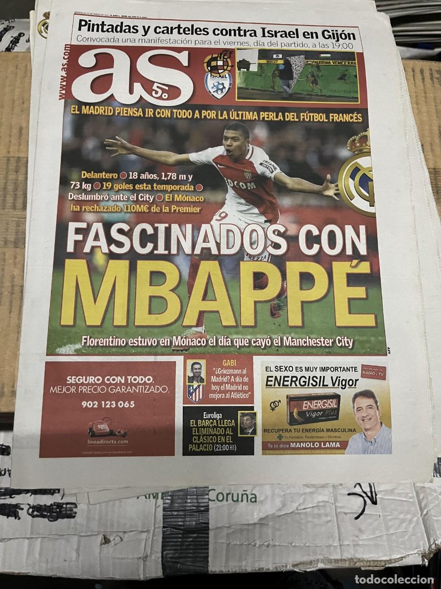 Coleccionismo deportivo: AS (22-3-2017) SELECCION ESPA&Ntilde;OLA ESPA&Ntilde;A ISRAEL MBAPPE REAL MADRID MONACO