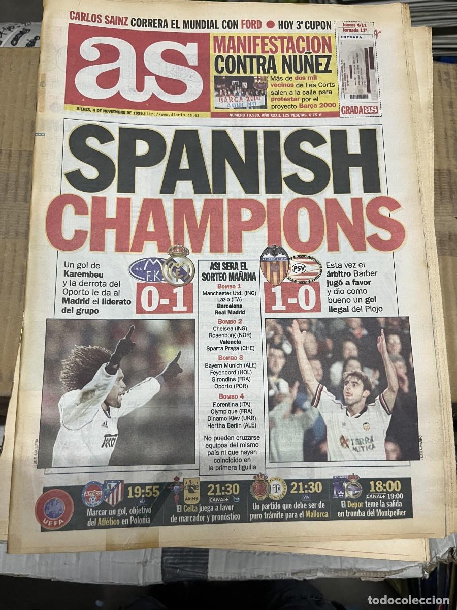 Coleccionismo deportivo: AS (4-11-1999) CHAMPIONS MOLDE 0-1 REAL MADRID VALENCIA 1-0 PSV AMICA WRONKI ATLETICO MADRID