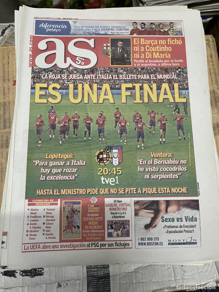 Coleccionismo deportivo: AS (2-9-2017) HOY SELECCION ESPA&Ntilde;OLA ESPA&Ntilde;A ITALIA BARCELONA DI MARIA COUTINHO