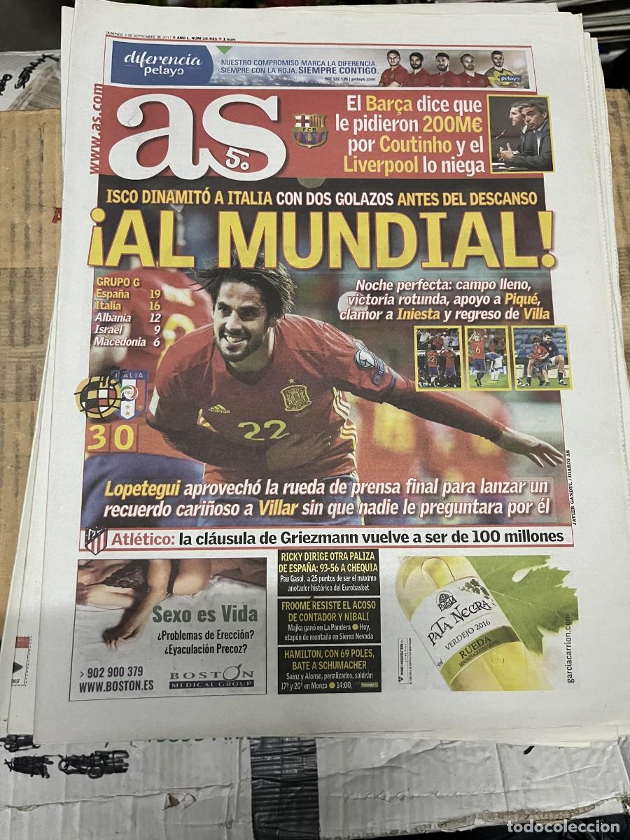 Coleccionismo deportivo: AS (3-9-2017) HOY SELECCION ESPA&Ntilde;OLA ESPA&Ntilde;A 3-0 ITALIA ISCO GRIEZMANN ATLETICO MADRID
