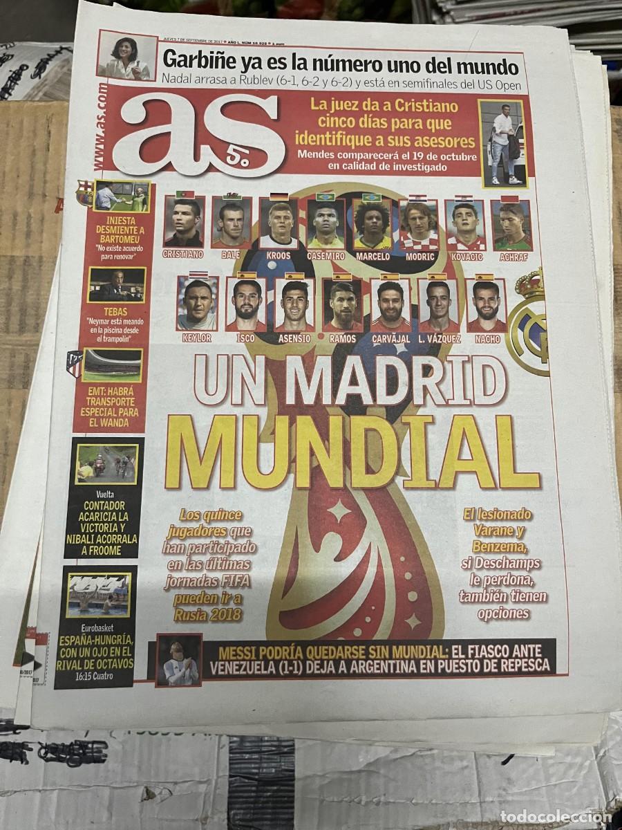 Coleccionismo deportivo: AS (7-9-2017) NUMERO 1 DEL MUNDO GARBI&Ntilde;E TENIS TEBAS INIESTA BARTOMEU MESSI REAL MADRID MUNDIAL