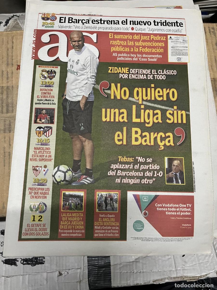 Coleccionismo deportivo: AS (9-9-2017)ZIDANE REAL MADRID LEVANTE BARCELONA ESPA&Ntilde;OL DERBI VALENCIA ATLETICO LEGANES 1-2 GETAFE