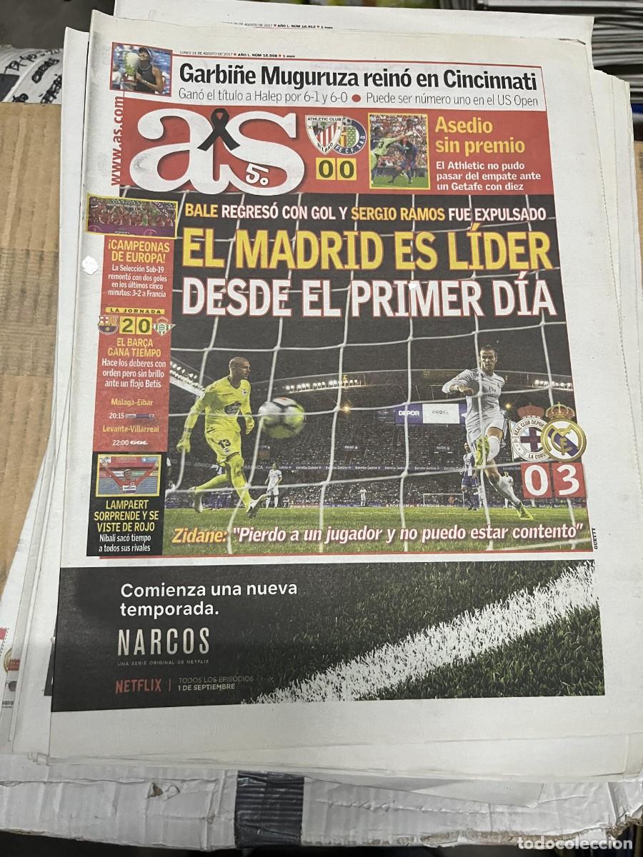 Coleccionismo deportivo: AS (21-8-2017) ATHLETIC BILBAO 0-0 GETAFE CAMPEON CINCINNATI GARBI&Ntilde;E MUGURUZA DEPORTIVO 0-3 R.MADRID