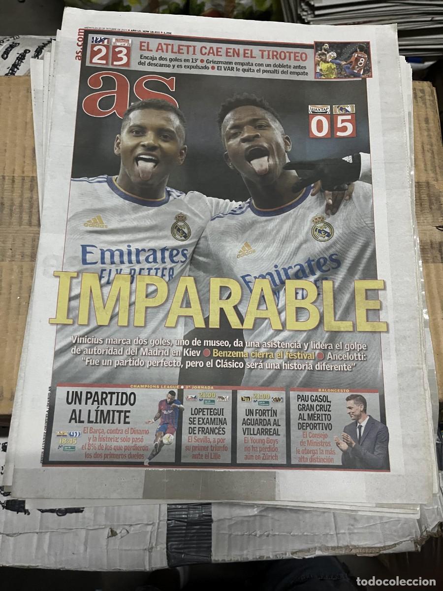 Coleccionismo deportivo: AS (20-10-2021) CHAMPIONS VINICIUS SHAKHTAR DONETSK 0-5 REAL MADRID ATLETICO MADRID 2-3 LIVERPOOL