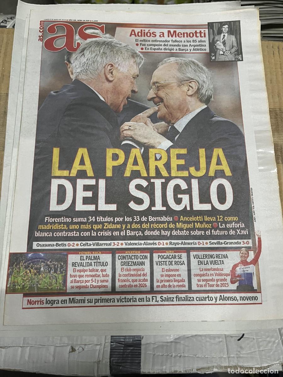 Coleccionismo deportivo: AS (6-5-2024) REAL MADRID FLORENTINO PEREZ ANCELOTTI ADIOS A MENOTTI CAMPEON PALMA FUTBOL SALA