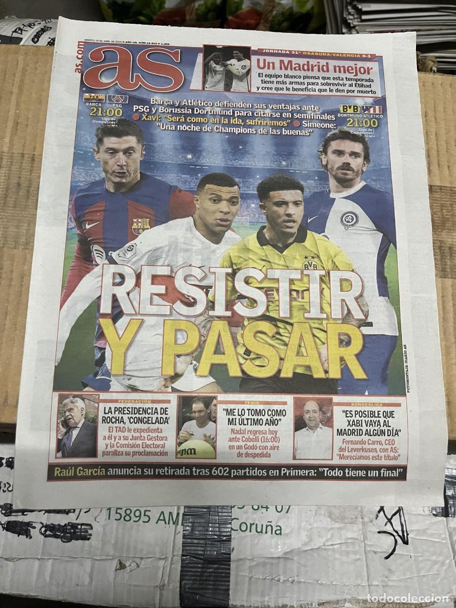 Coleccionismo deportivo: AS (16-4-2024) JORNADA LIGA OSASUNA 0-1 VALENCIA BORUSSIA DORTMUND ATLETICO BARCELONA PSG CHAMPIONS