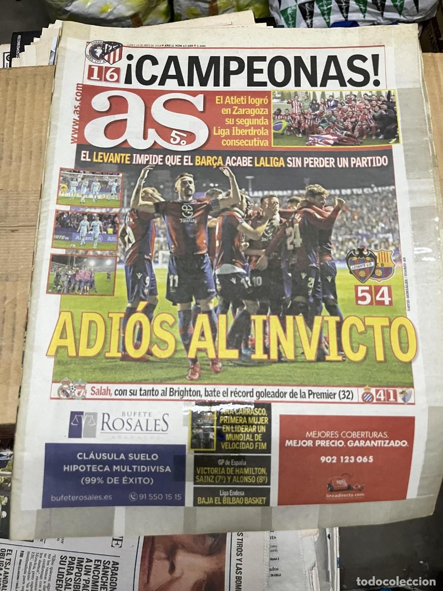 Coleccionismo deportivo: AS (14-5-2018) LEVANTE 5-4 BARCELONA ATLETICO MADRID 1-6 ZARAGOZA CAMPEON LIGA IBERDROLA FEMENINO