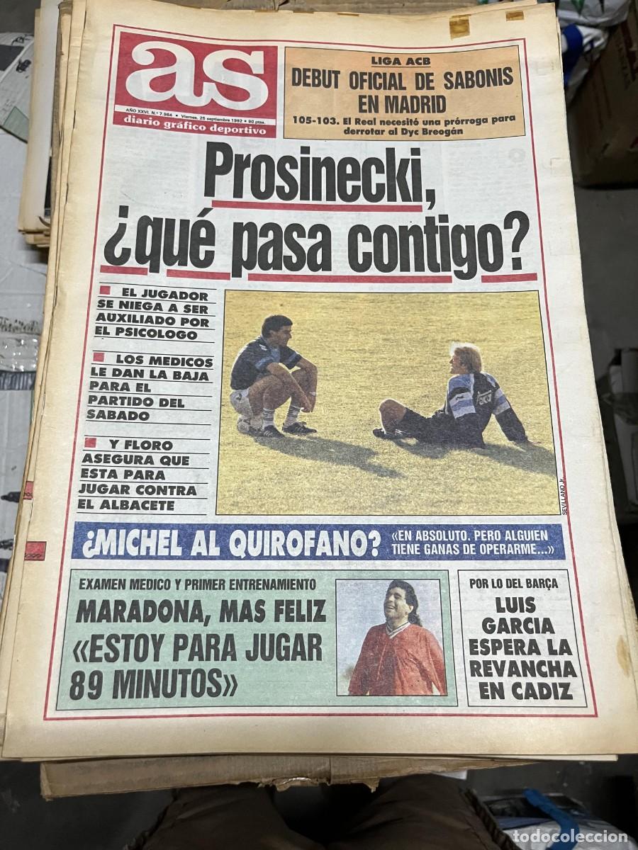 Coleccionismo deportivo: AS (25-9-1992) DEBUT OFICIAL SABONIS BALONCESTO REAL MADRID 105-103 DYC BREOGAN PROSINECKI MARADONA