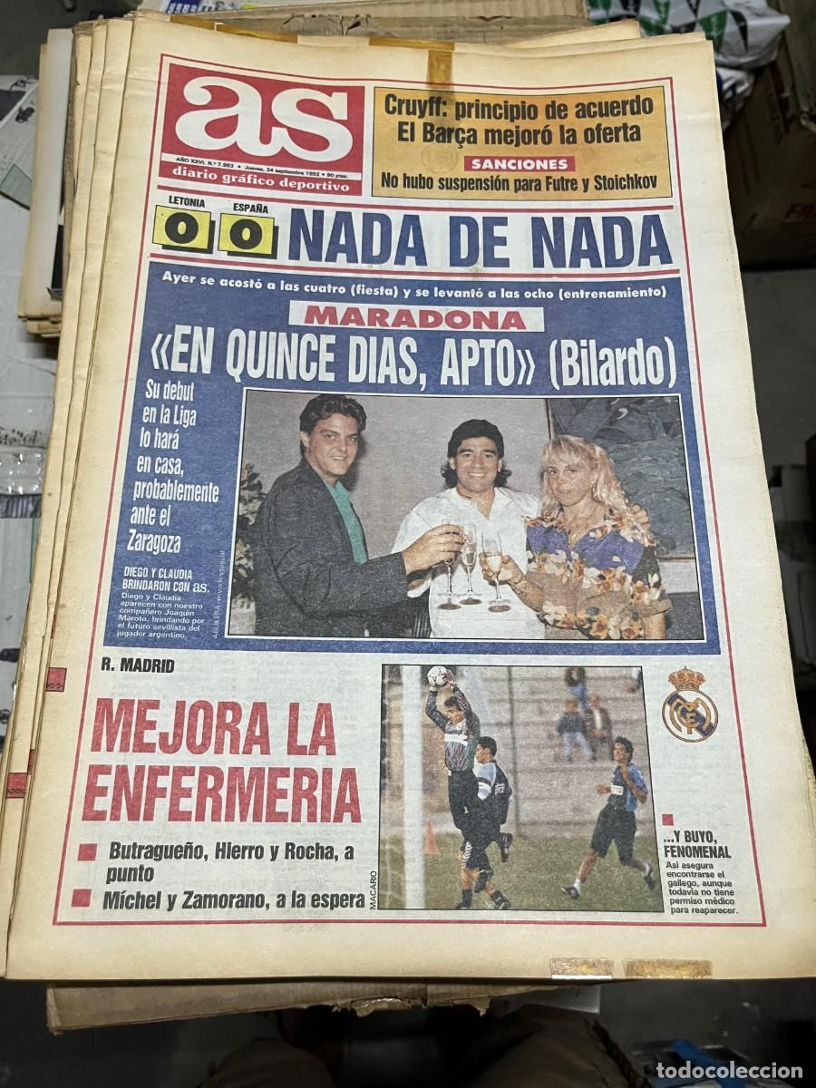 Coleccionismo deportivo: AS (24-9-1992) DIEGO ARMANDO MARADONA SEVILLA REAL MADRID LETONIA 0-0 ESPA&Ntilde;A SELECCION ESPA&Ntilde;OLA