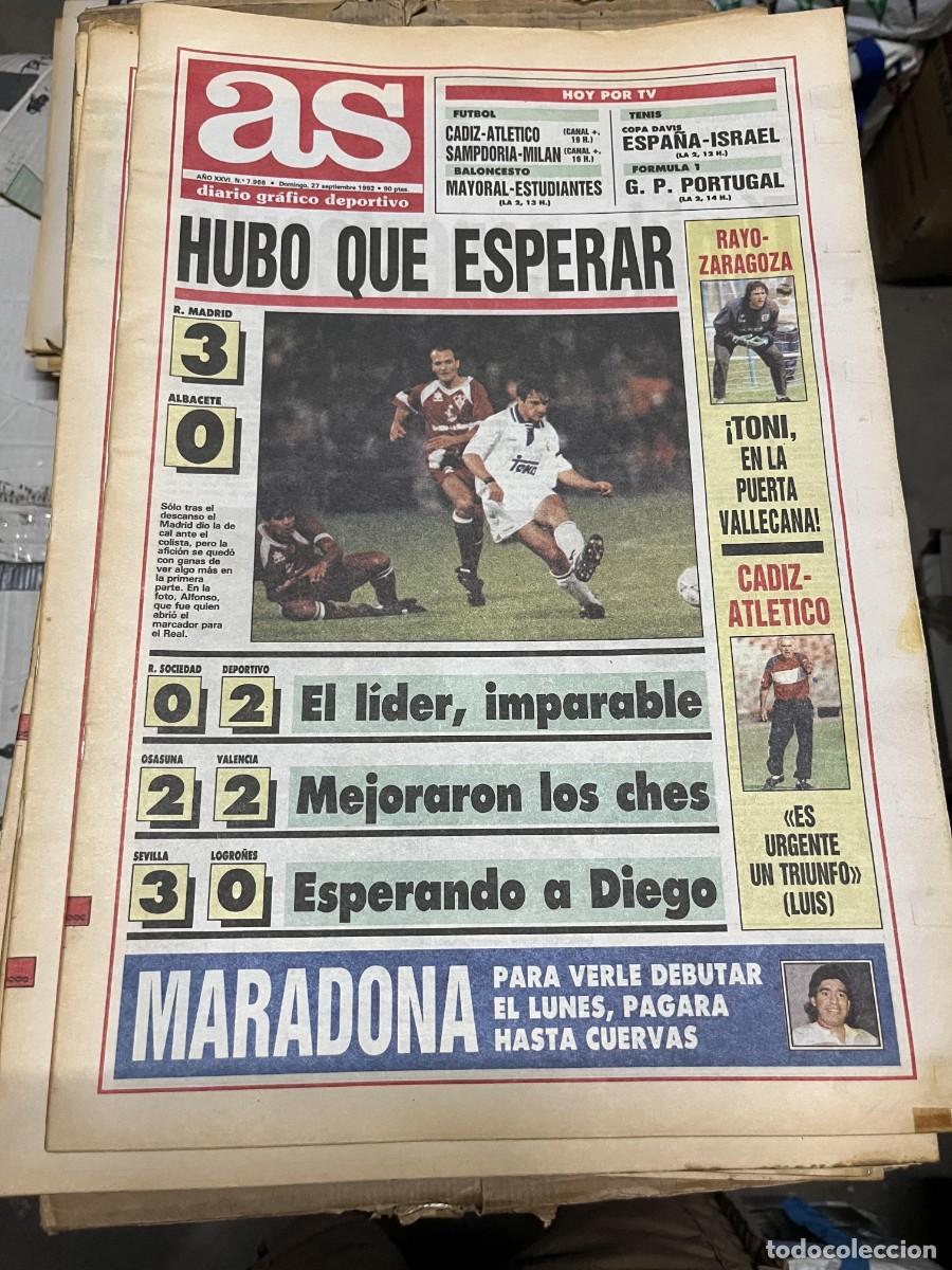 Coleccionismo deportivo: AS(27-9-1992)MARADONA REAL MADRID 3-0 ALBACETE JORNADA LIGA REAL SOCIEDAD 0-2 DEPORTIVO CORU&Ntilde;A LIDER