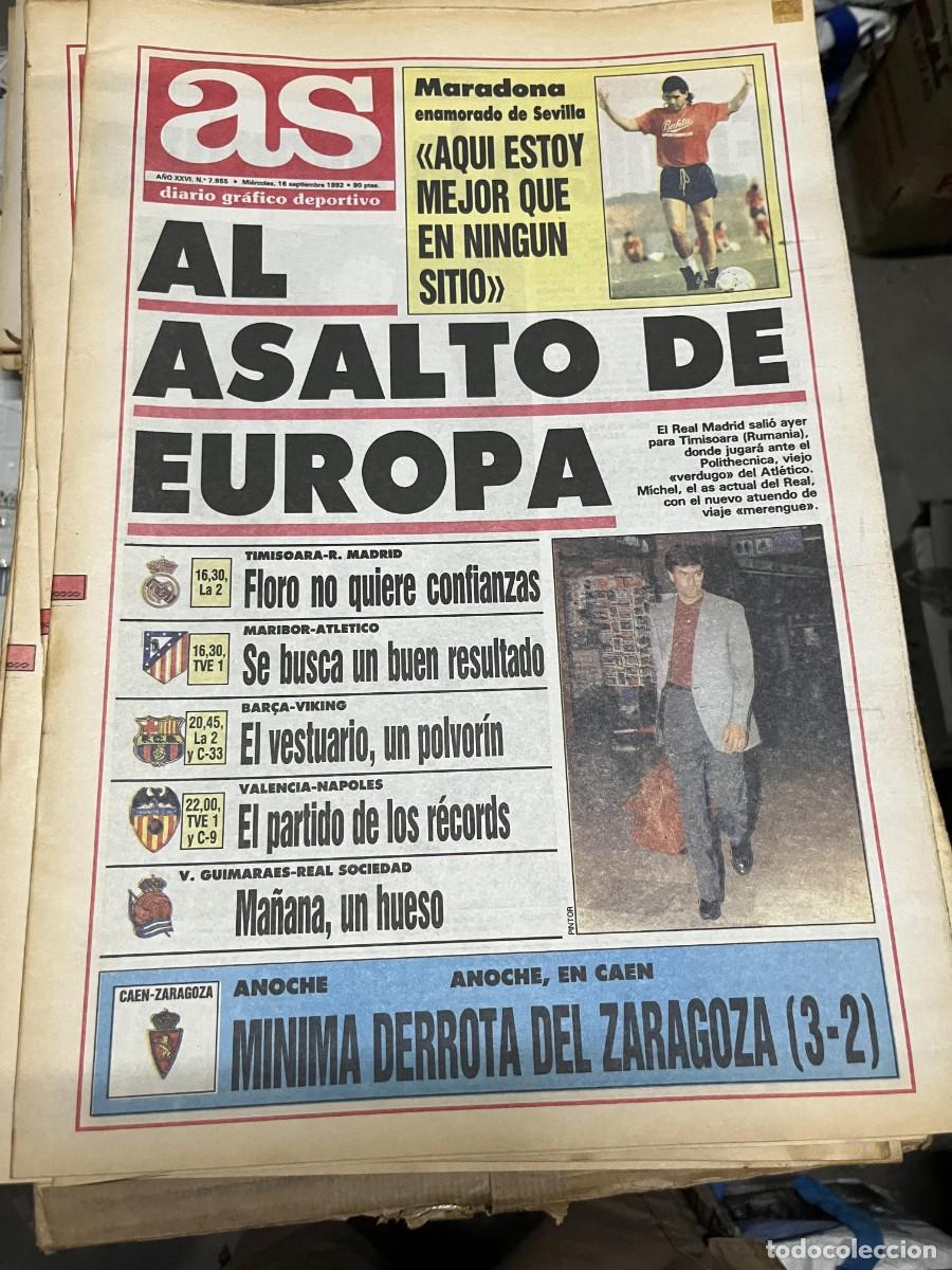 Coleccionismo deportivo: AS (16-9-1992) DIEGO ARMANDO MARADONA SEVILLA NAPOLES NAPOLI CAEN 3-2 ZARAGOZA