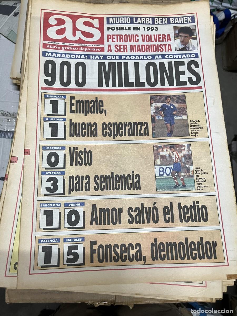 Coleccionismo deportivo: AS (17-9-1992) MARADONA MUERTE LARBI BEN BAREK TIMISOARA 1-1 REAL MADRID MARIBOR 0-3 ATLETICO