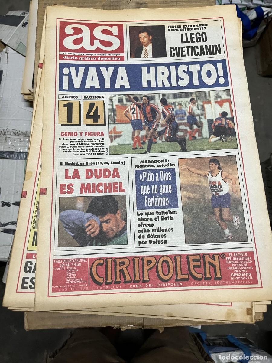 Coleccionismo deportivo: AS (20-9-1992) CVETICANIN STOICHKOV ATLETICO MADRID 1-4 BARCELONA MICHEL REAL MADRID MARADONA