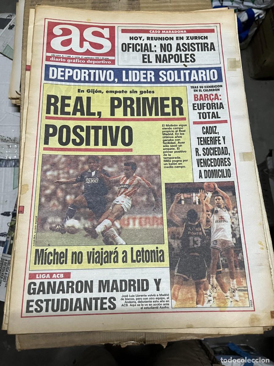 Coleccionismo deportivo: AS (21-9-1992) CASO MARADONA NAPOLES SEVILLA SPORTING GIJON 0-0 REAL MADRID LIDER DEPORTIVO CORU&Ntilde;A