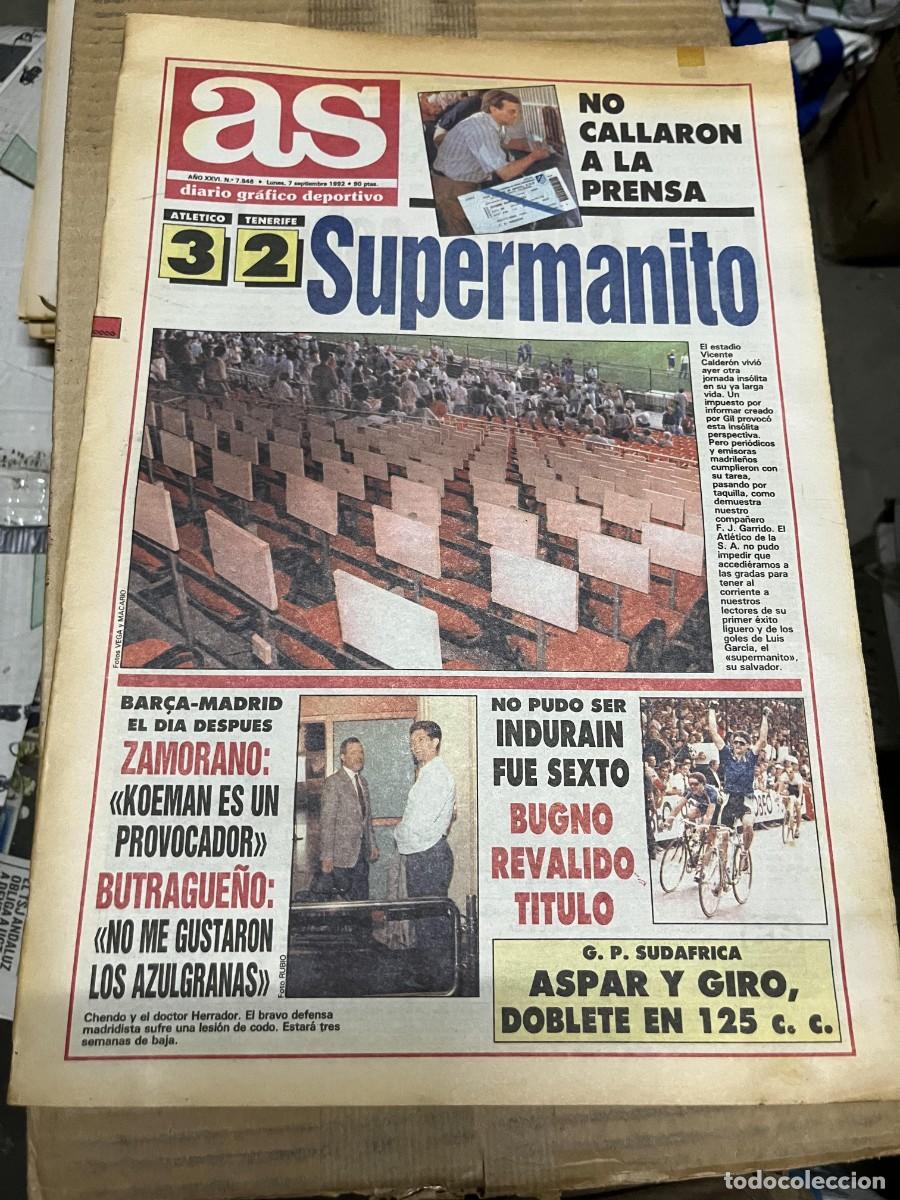 Coleccionismo deportivo: AS (7-9-1992) ATLETICO MADRID 3-2 TENERIFE ZAMORANO BUTRAGUE&Ntilde;O REAL MADRID CAMPEON BUGNO MUNDIAL