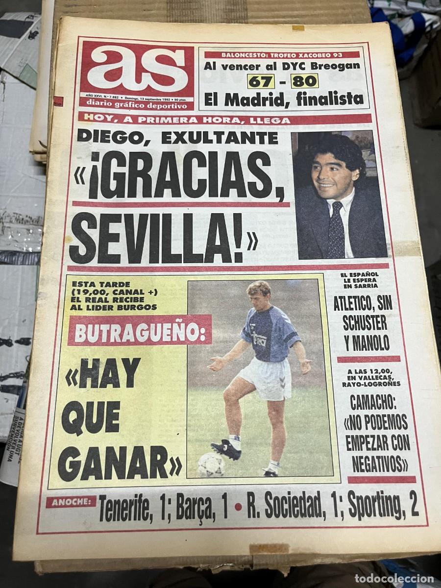 Sports collectibles: AS (13-9-1992) HOY LLEGA DIEGO ARMANDO MARADONA SEVILLA BUTRAGUE&Ntilde;O SCHUSTER MANOLO