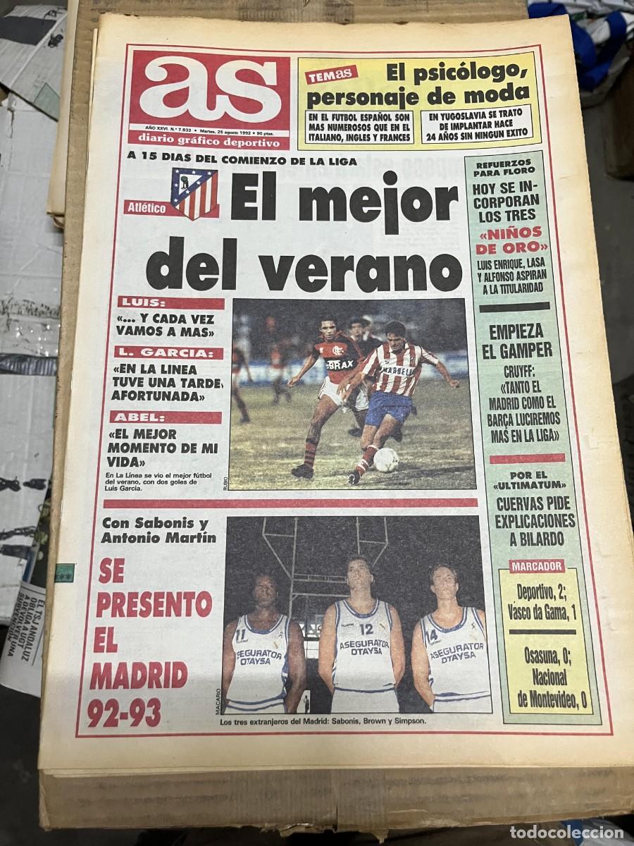 Coleccionismo deportivo: AS (25-8-1992) ATLETICO MADRID FLAMENGO LUIS GARCIA ABEL PRESENTACION REAL MADRID SABONIS