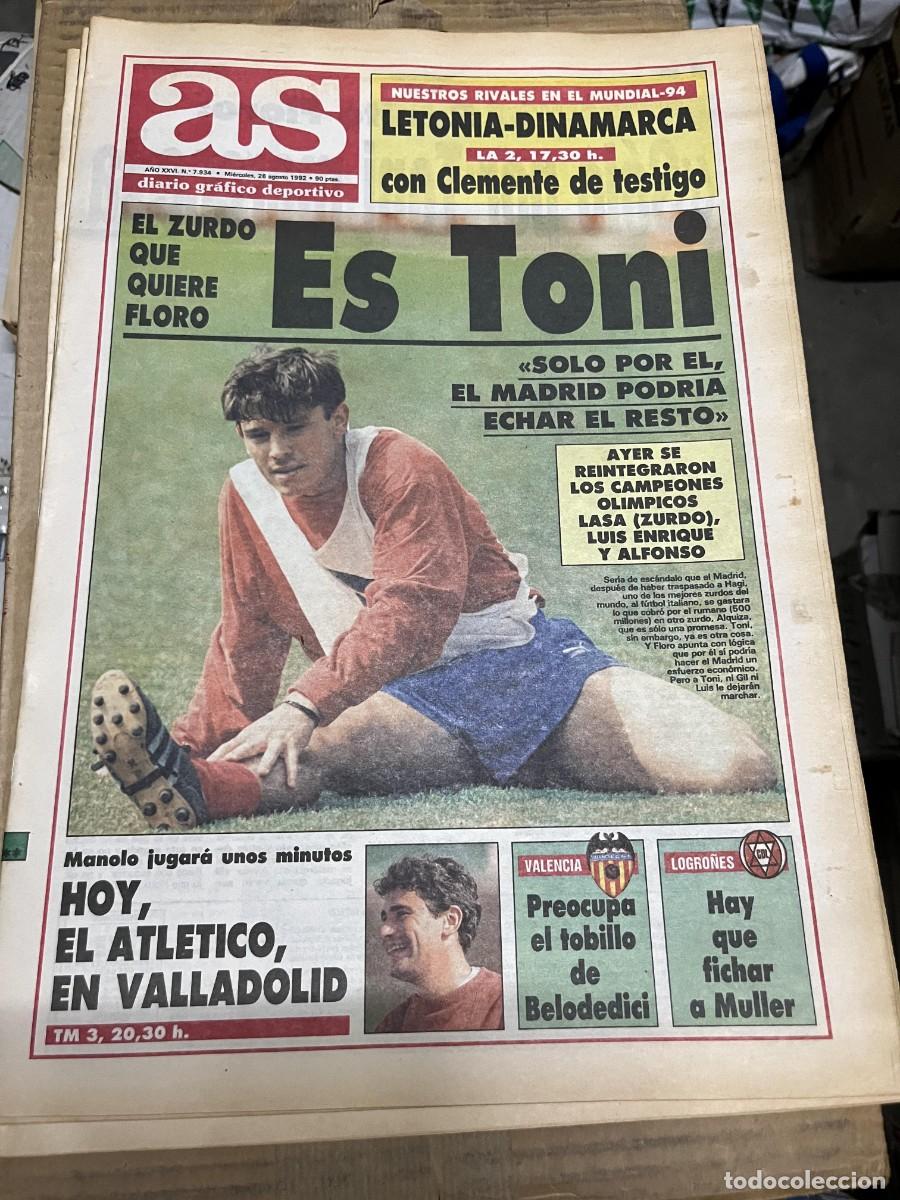 Coleccionismo deportivo: AS (26-8-1992) ATLETICO MADRID TONI MU&Ntilde;OZ FICHAJE REAL MADRID LETONIA DINAMARCA MANOLO SANCHEZ