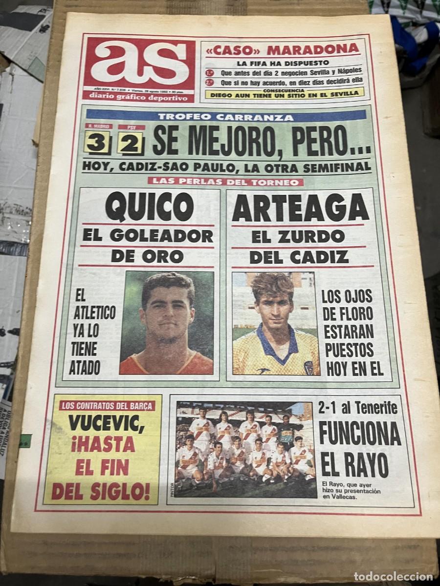 Coleccionismo deportivo: AS (28-8-1992) REAL MADRID 3-2 PSV TROFEO CARRANZA KIKO ARTEAGA CADIZ VUCEVIC RAYO 2-1 TENERIFE