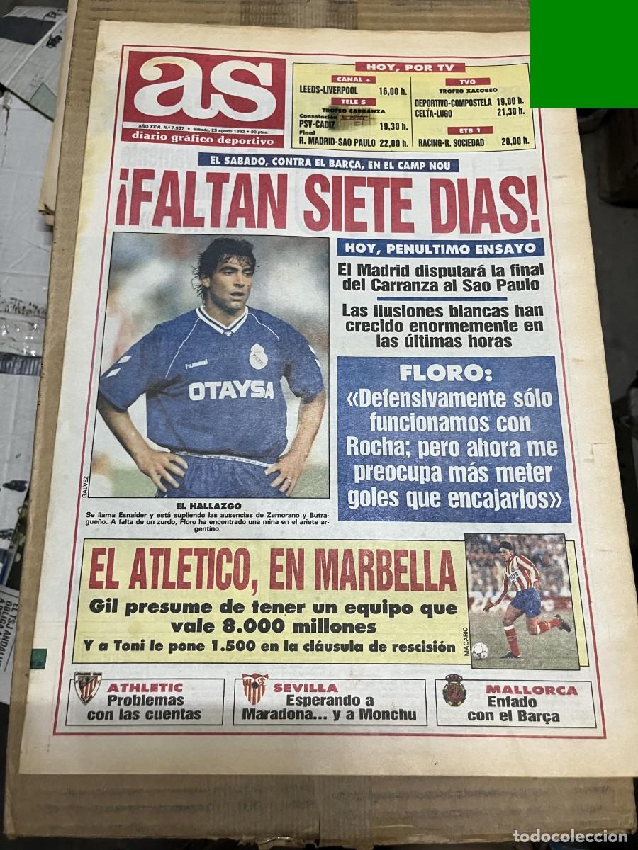 Coleccionismo deportivo: AS (29-8-1992) ESNAIDER REAL MADRID HOY LEEDS LIVERPOOL BENITO FLORO ATLETICO MADRID MARBELLA