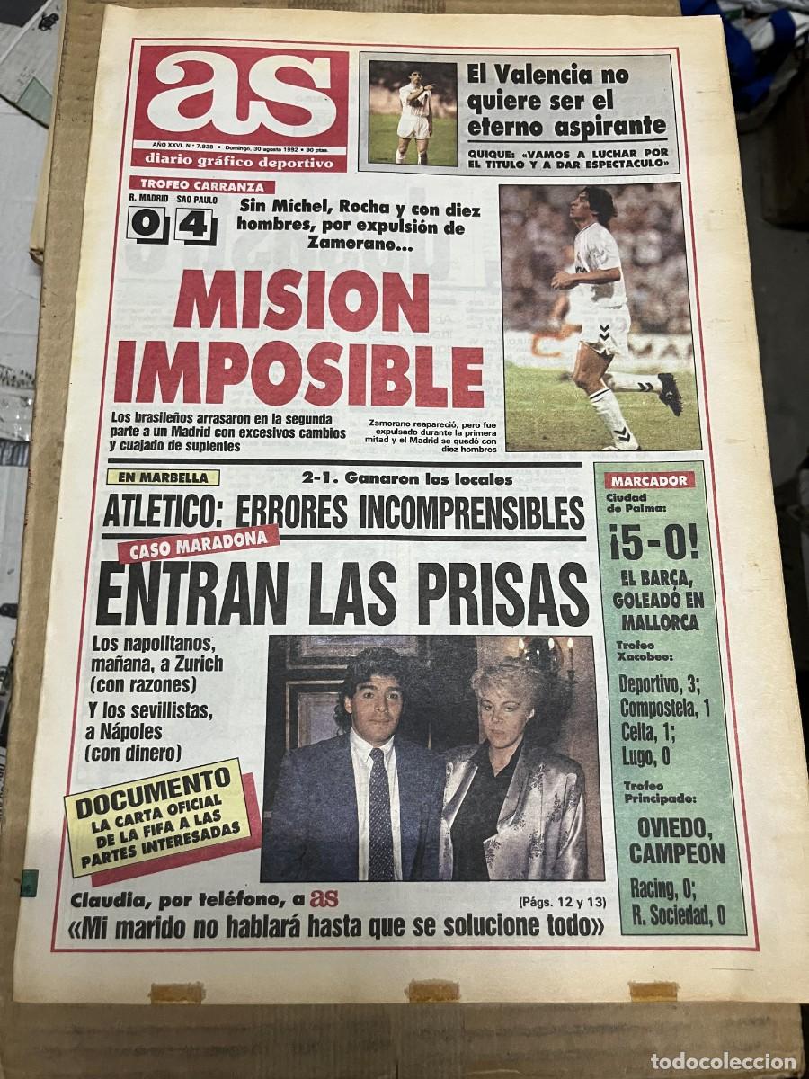 Coleccionismo deportivo: AS (30-8-1992) REAL MADRID 0-4 SAO PAULO ZAMORANO MARADONA SEVILLA OVIEDO CAMPEON