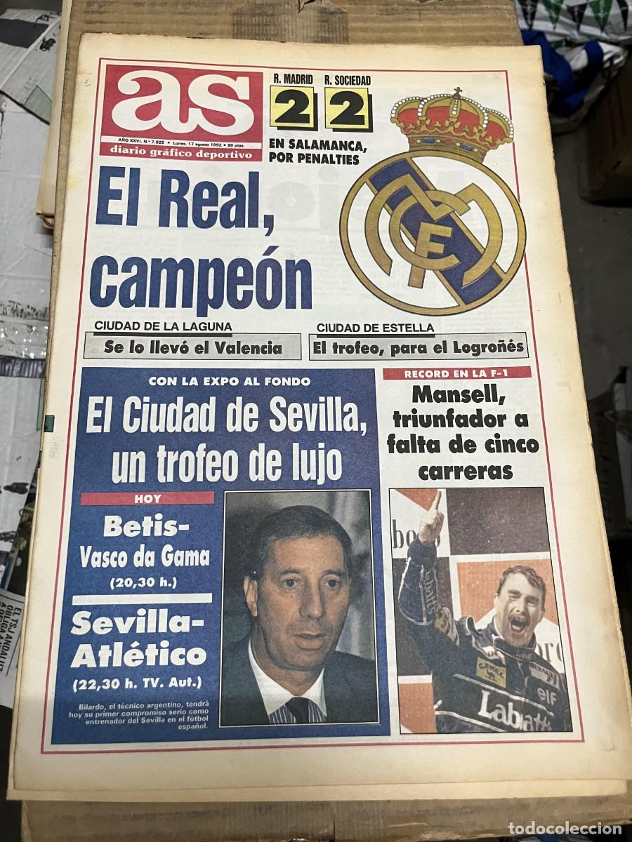 Coleccionismo deportivo: AS (17-8-1992) REAL MADRID 2-2 REAL SOCIEDAD TROFEO CIUDAD DE SEVILLA MANSELL CAMPEON