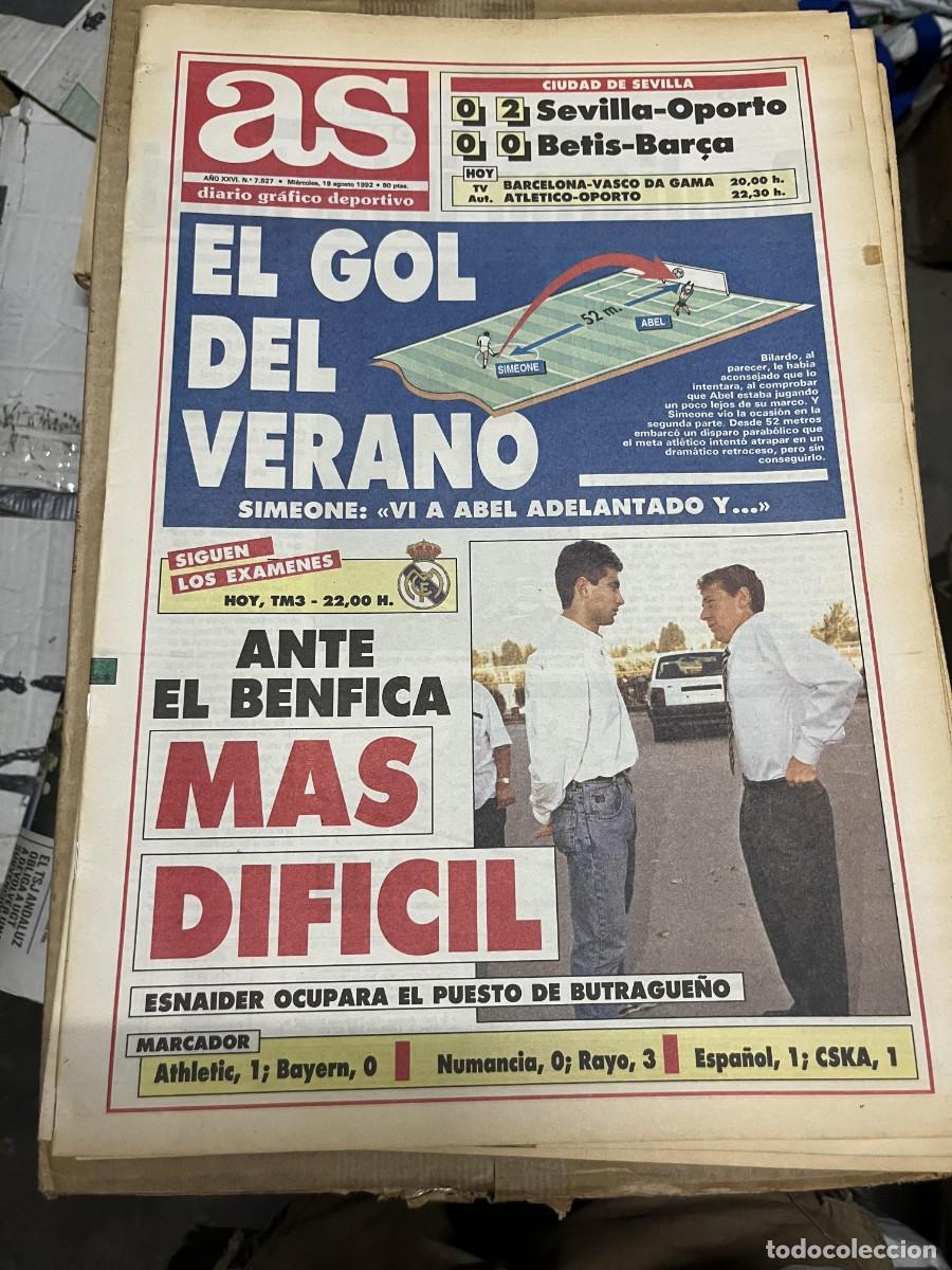 Coleccionismo deportivo: AS (19-8-1992) GOLAZO SIMEONE SEVILLA ATLETICO MADRID ABEL REAL MADRID BENFICA ESNAIDER MARADONA