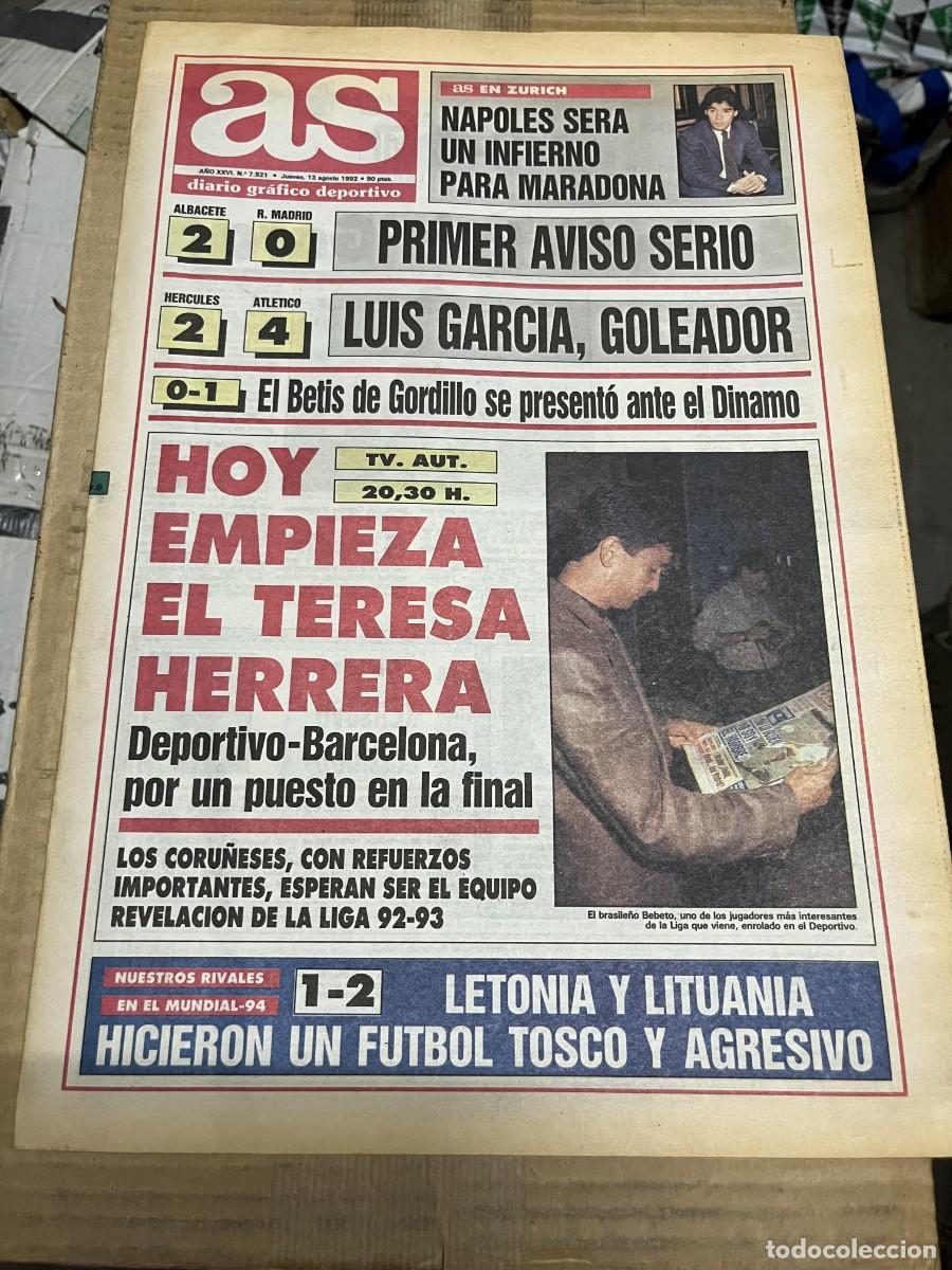 Coleccionismo deportivo: AS (13-8-1992) NAPOLES MARADONA ALBACETE 2-0 REAL MADRID HERCULES ATLETICO BETIS DINAMO MOSCU BEBETO